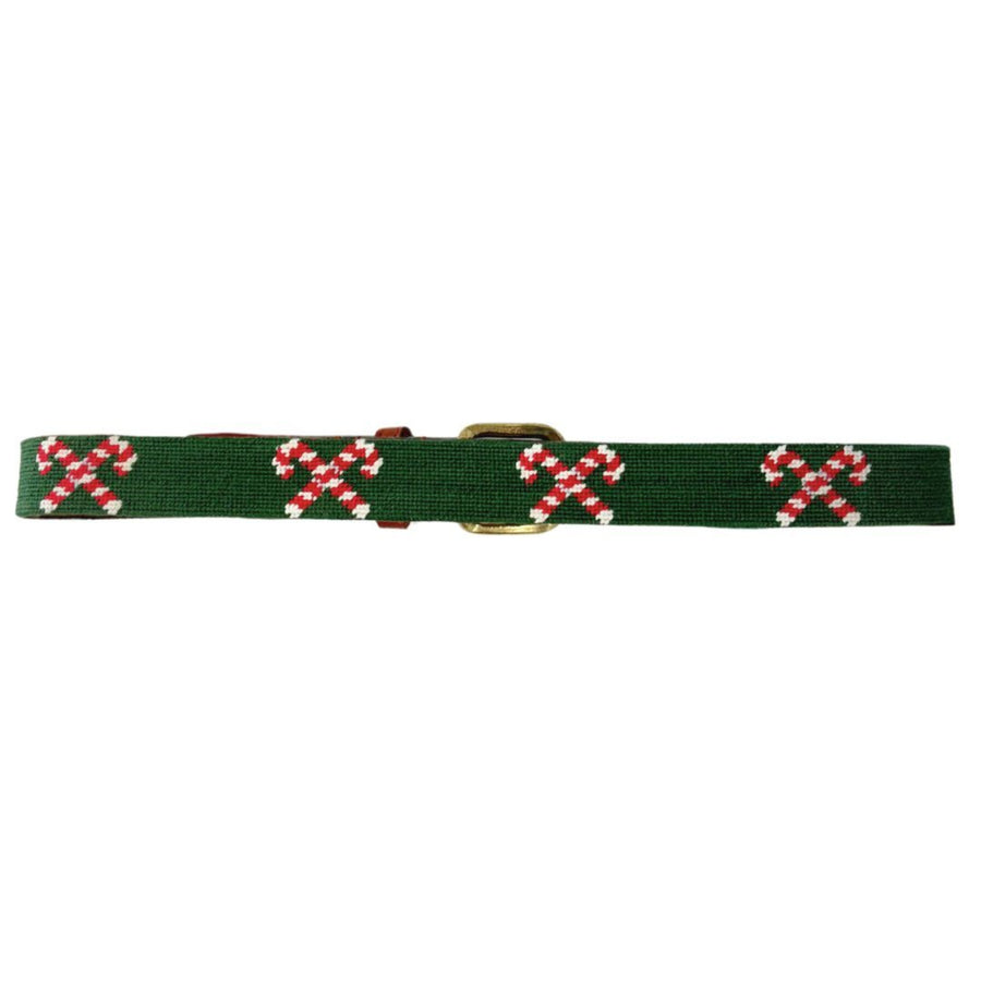 Little English x Smathers and Branson boy's needlepoint belt with crossed candy canes on a green background for fall.  Holiday belt for boys