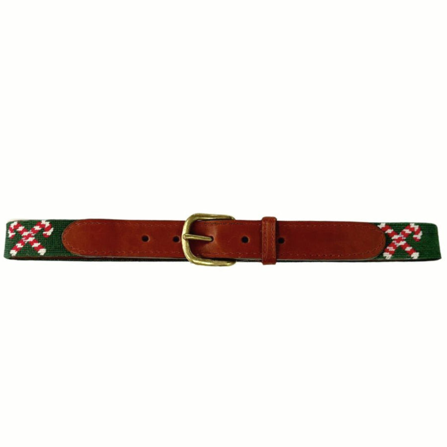 Little English x Smathers and Branson boy's needlepoint belt with crossed candy canes on a green background for fall.  Holiday belt for boys