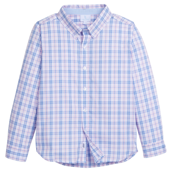 Little English traditional children's clothing.  Boy's light blue, pink and green plaid button down shirt for Spring.  Boy's Easter shirt