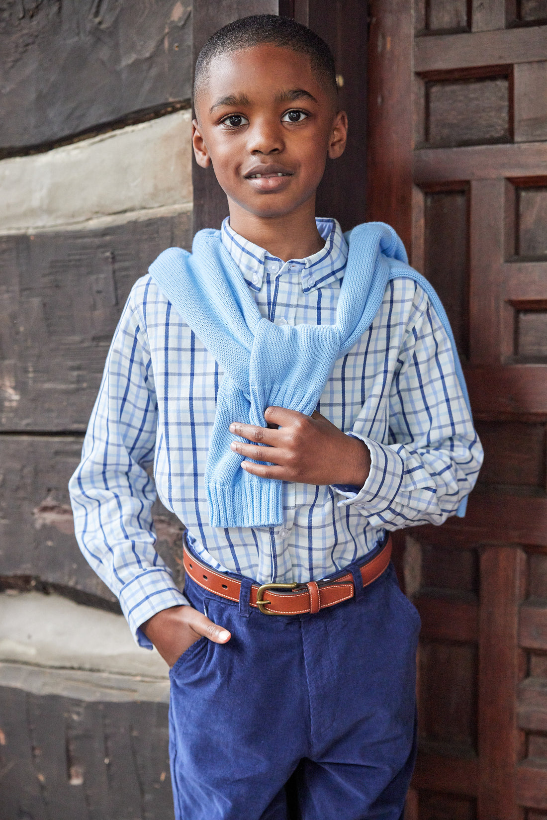 Little English traditional clothing, long sleeve button down shirt for boy in navy and light blue plaid pattern