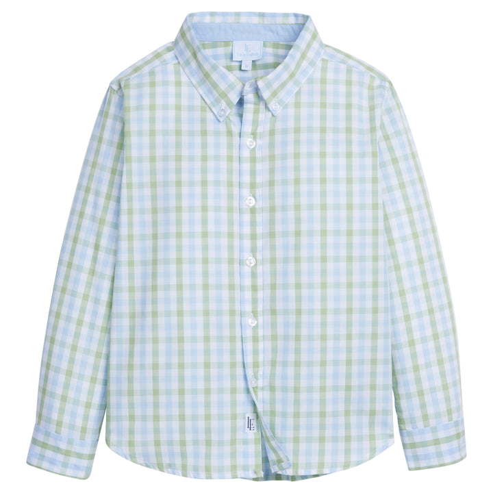 Little English traditional children's clothing. Boy's blue and green plaid button down shirt for Spring.  Easter shirt for boys.