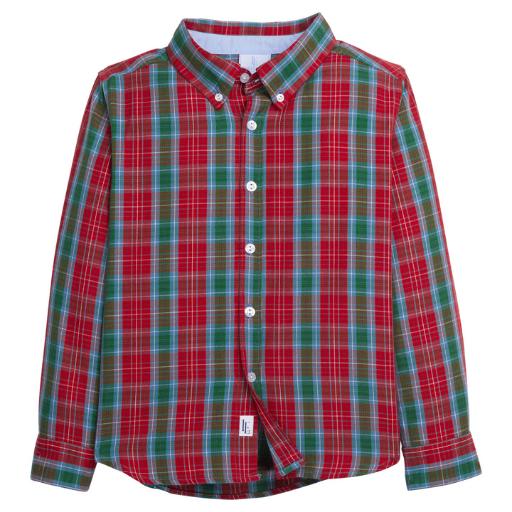 Little English traditional clothing, long sleeve button down shirt in blue, green, and red highlands tartan pattern for little boy