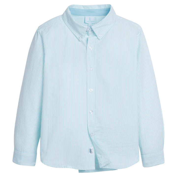 Little English traditional children's clothing.  Boy's aqua striped seersucker button down shirt for summer.  