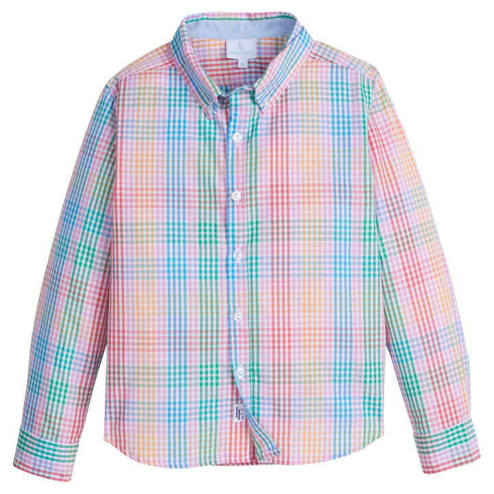 Little English traditional children's clothing. Boy's multicolored plaid button down shirt for Summer.  Preppy shirt for boys