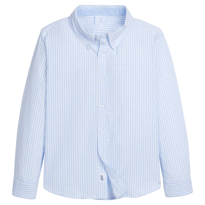 Little English traditional children's clothing. Boy's light blue and white check seersucker button down shirt for Spring