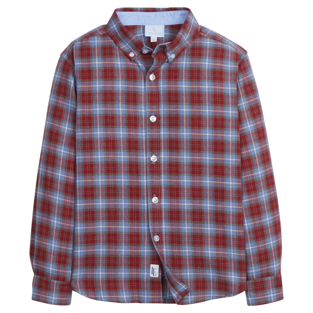 Little English traditional clothing, long sleeve button down shirt in red, blue, and white stafford plaid pattern for little boy