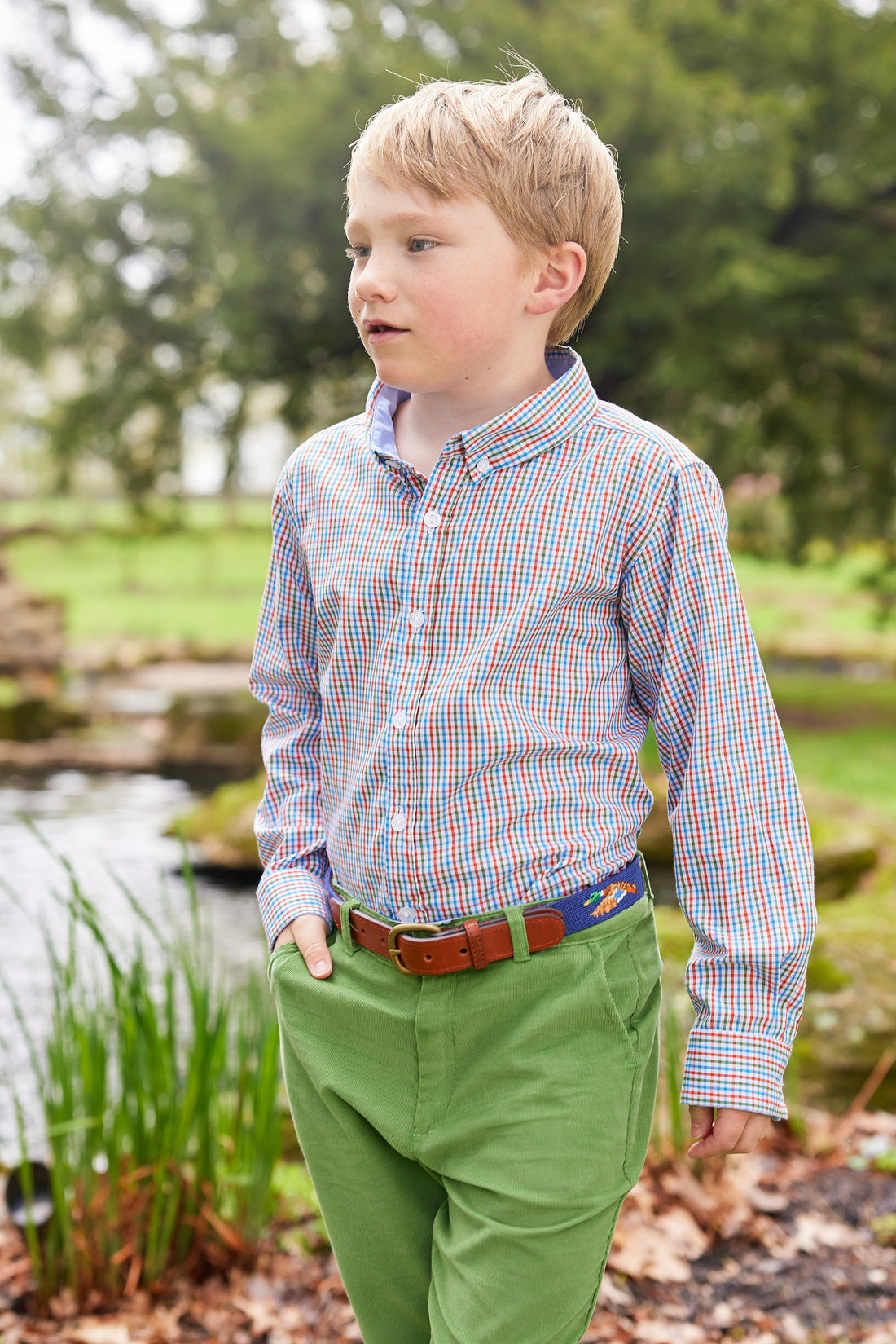 Little English traditional clothing, long sleeve button down shirt in orange, blue, and green teton plaid pattern for little boy