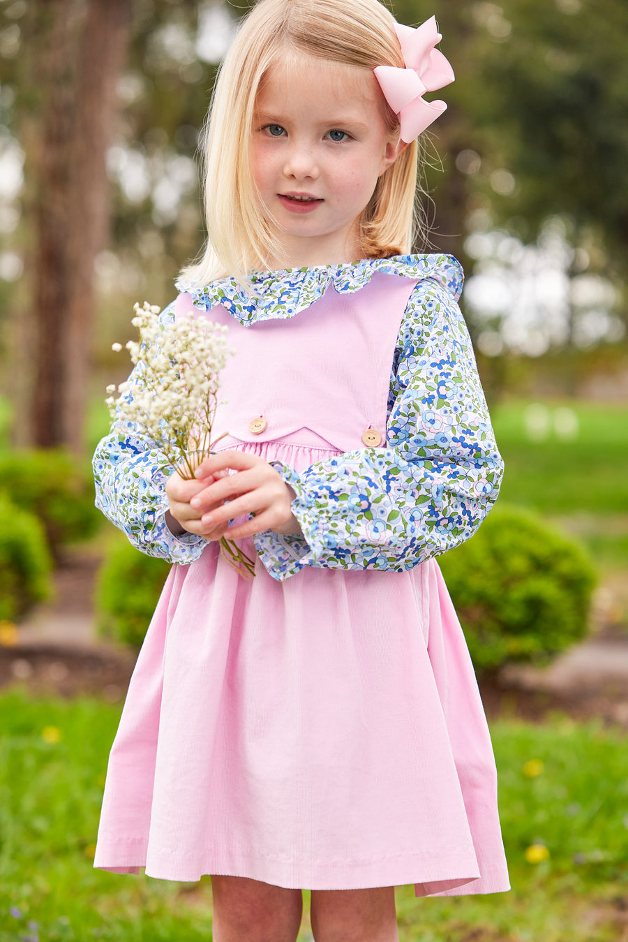 Little English traditional clothing, button panel jumper in light pink corduroy pattern for little girl