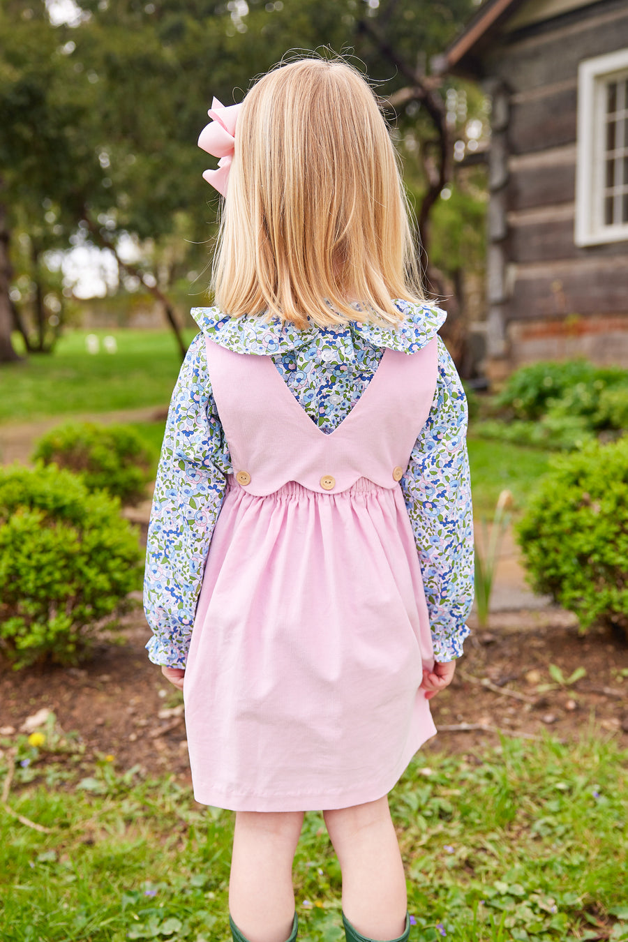 Little English traditional clothing, button panel jumper in light pink corduroy pattern for little girl