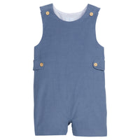 Little English traditional clothing, button tab john john in stormy blue corduroy for little boy