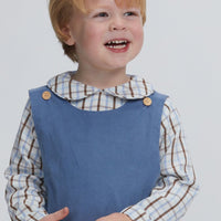 Little English traditional clothing, button tab john john in stormy blue corduroy with Peter Pan shirt in brown and light blue plaid, for little boy