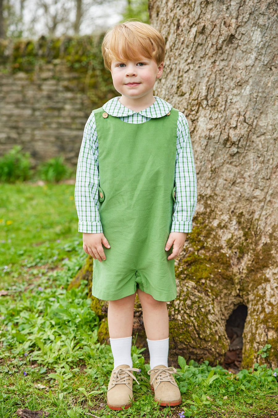 Little English classic boy's watercress green corduroy button tab john john, traditional children's clothing