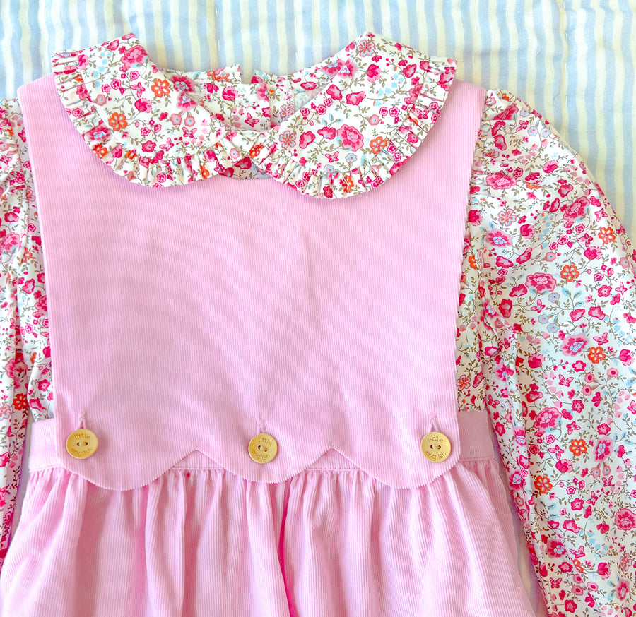 Little English classic girl's clothing, pink floral blouse with corduroy jumper for fall