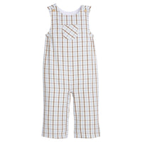 Little English traditional clothing, campbell overall in brown and light blue brownfield plaid for little boy