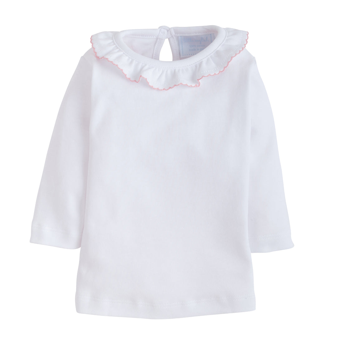 little english classic childrens clothing girls white blouse with ruffled collar and pink trim picot