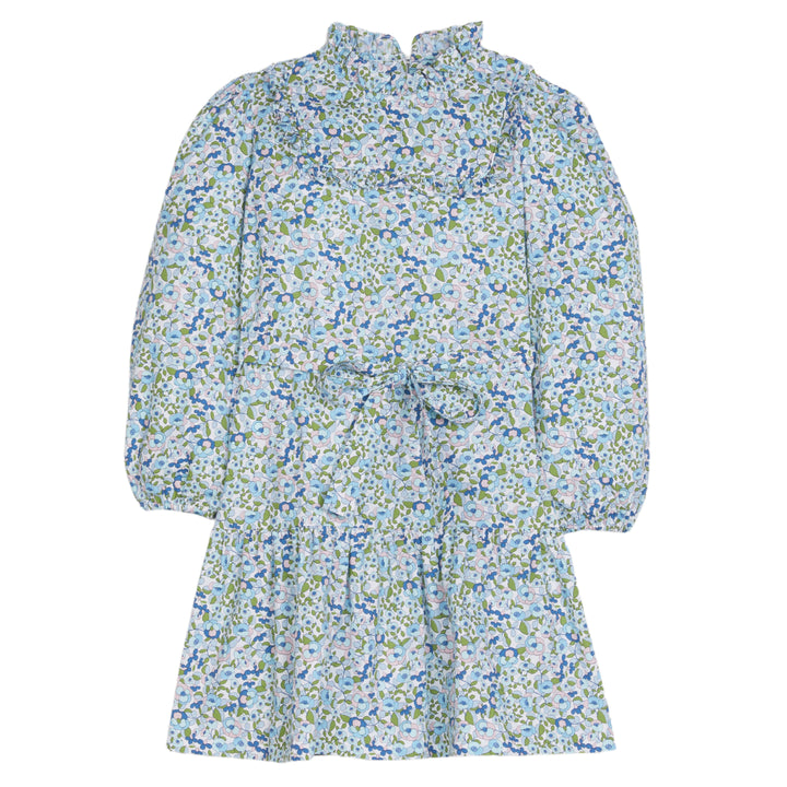 Little English traditional children's clothing. Blue, pink, and green floral print dress for older girls for fall. Elevated and classic dress