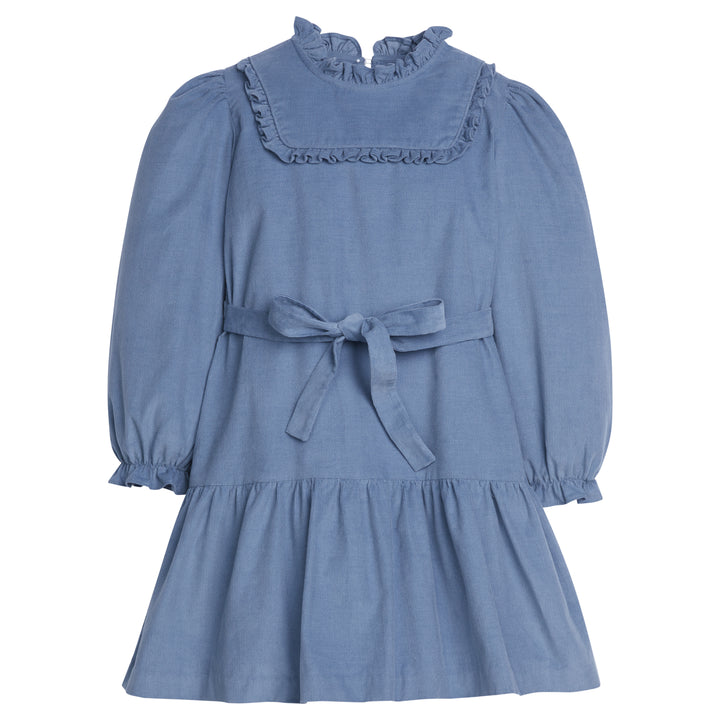 Little English traditional clothing, carrick dress in stormy blue corduroy with ruffle details on collar, chest, and sleeve cuffs, bow around waist for little girl