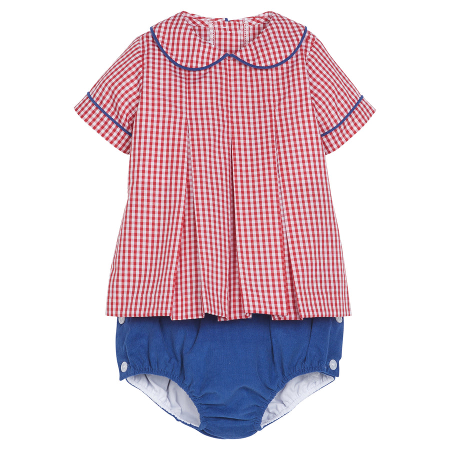 Little English traditional children's clothing.  Red and white gingham peter pan shirt and coordinating royal blue corduroy diaper cover.  Back to school outfit for little boys for Fall.