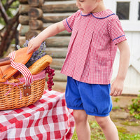 Little English traditional children's clothing.  Red and white gingham peter pan shirt and coordinating royal blue corduroy shorts.  Back to school outfit for little boys for Fall.