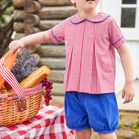 Little English traditional children's clothing.  Red and white gingham peter pan shirt and coordinating royal blue corduroy shorts.  Back to school outfit for little boys for Fall.