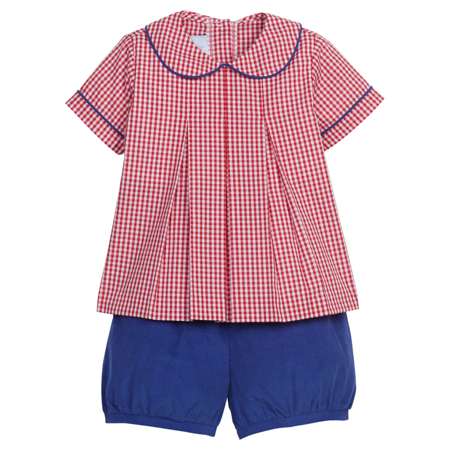 Little English traditional children's clothing.  Red and white gingham peter pan shirt and coordinating royal blue corduroy shorts.  Back to school outfit for little boys for Fall.