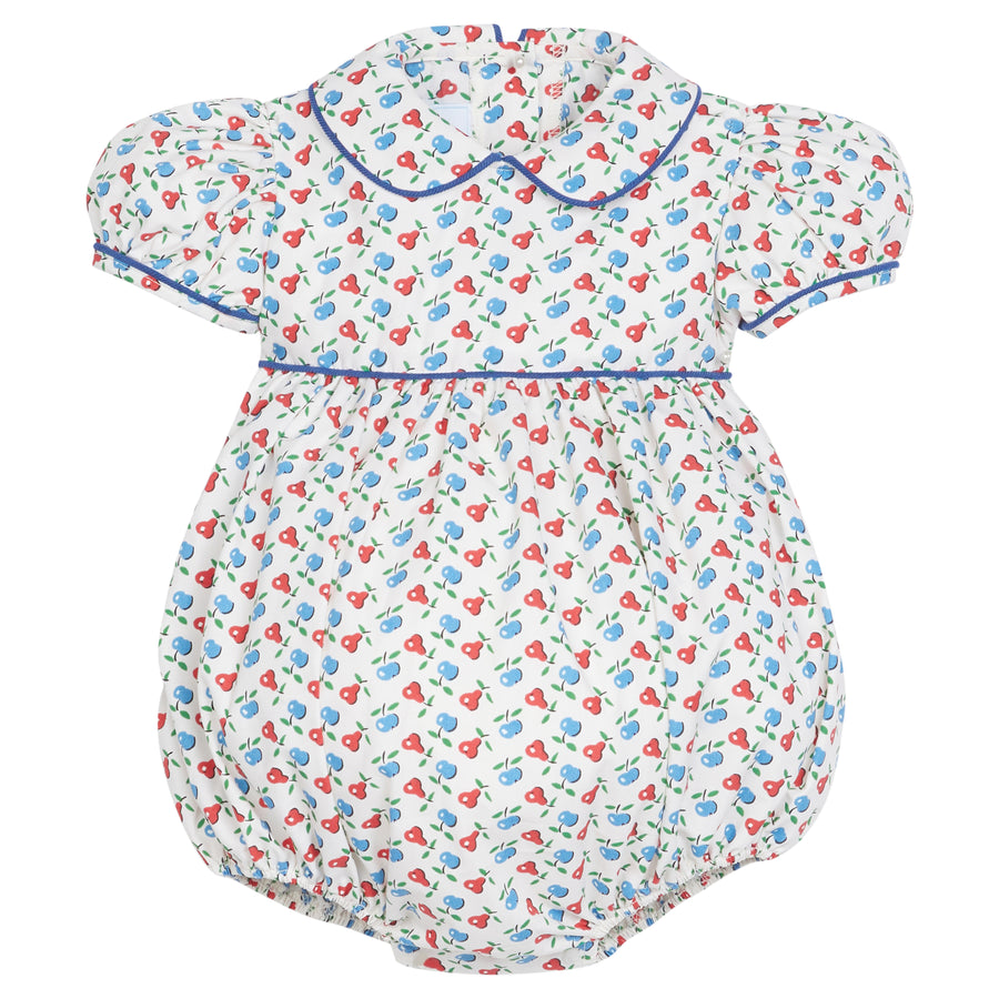 Little English traditional children's clothing. Sweet blue and red pear print peter pan bubble for baby girl. Adorable back to school outfit for Fall.