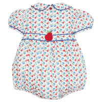 Little English traditional children's clothing. Sweet blue and red pear print peter pan bubble for baby girl. Adorable back to school outfit for Fall.