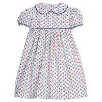 Little English traditional children's clothing. Sweet blue and red pear print peter pan dress for little girl. Adorable back to school outfit for Fall.