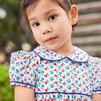 Little English traditional children's clothing. Sweet blue and red pear print peter pan dress for little girl. Adorable back to school outfit for Fall.