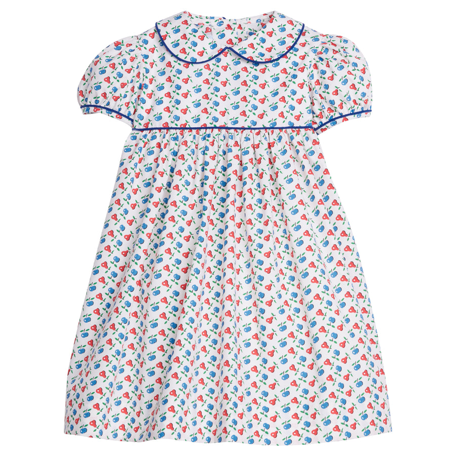 Little English traditional children's clothing. Sweet blue and red pear print peter pan dress for little girl. Adorable back to school outfit for Fall.