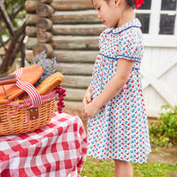 Little English traditional children's clothing. Sweet blue and red pear print peter pan dress for little girl. Adorable back to school outfit for Fall.