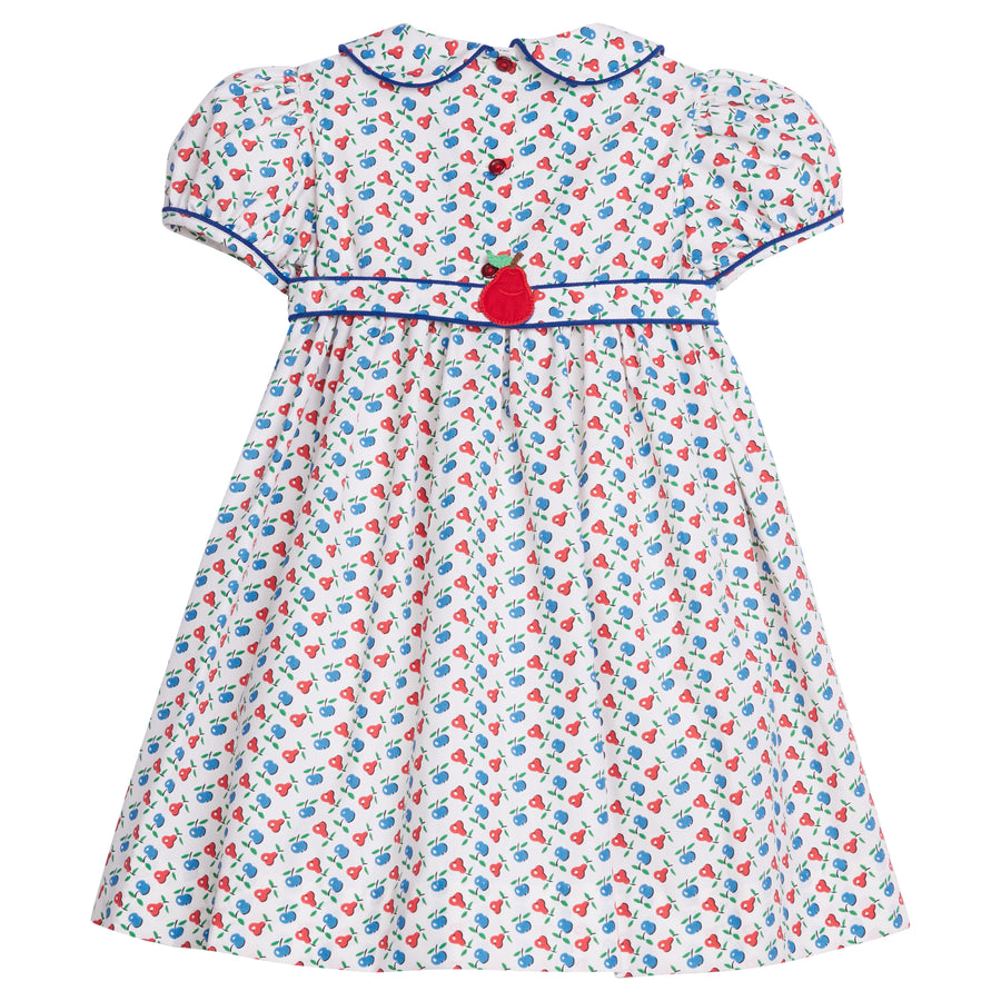 Little English traditional children's clothing. Sweet blue and red pear print peter pan dress for little girl. Adorable back to school outfit for Fall.