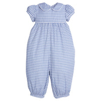 Little English traditional children's clothing.  Short-sleeve romper  in gray blue gingham print for little girls for Fall