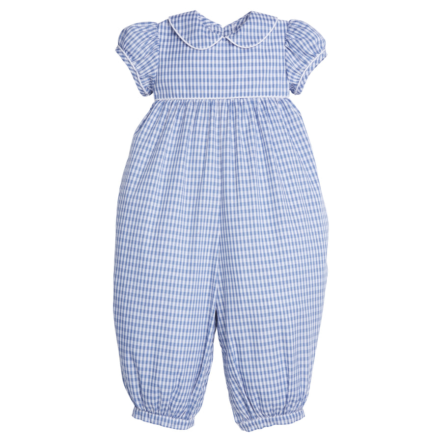 Little English traditional children's clothing.  Short-sleeve romper  in gray blue gingham print for little girls for Fall