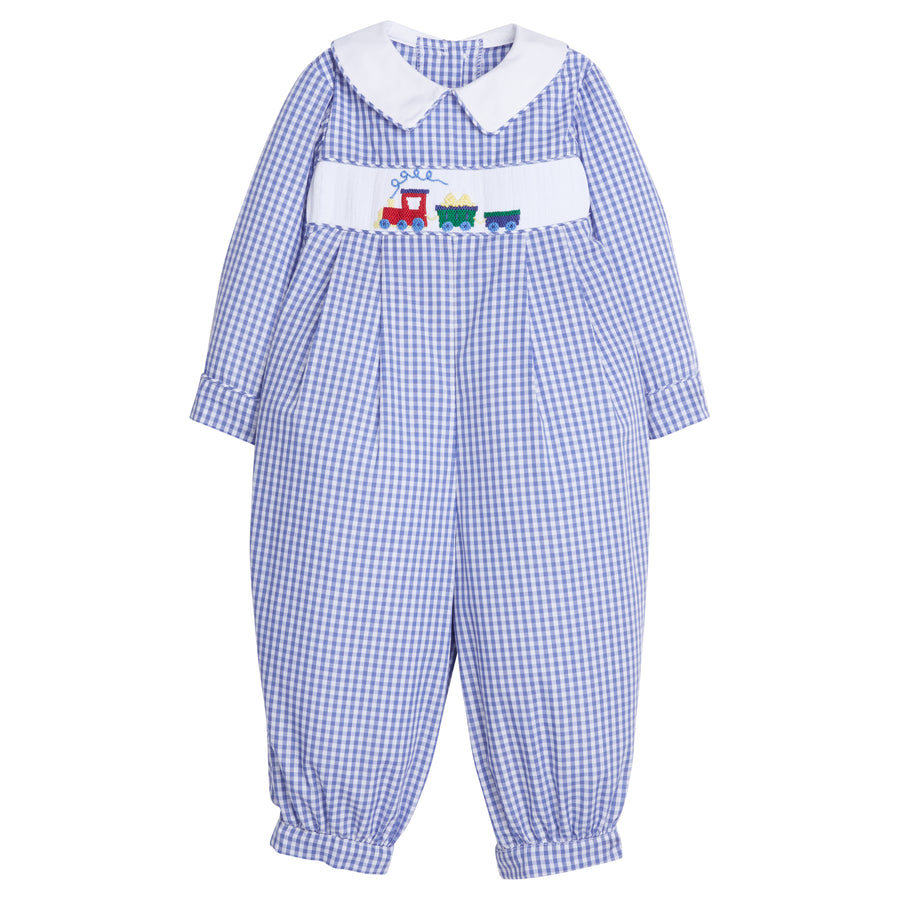 Little English traditional clothing, chest smocked romper in blue gingham pattern with embroidered train on chest for baby boy