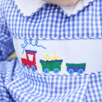 Little English traditional clothing, chest smocked romper in blue gingham pattern with embroidered train on chest for baby boy