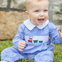 Little English traditional clothing, chest smocked romper in blue gingham pattern with embroidered train on chest for baby boy