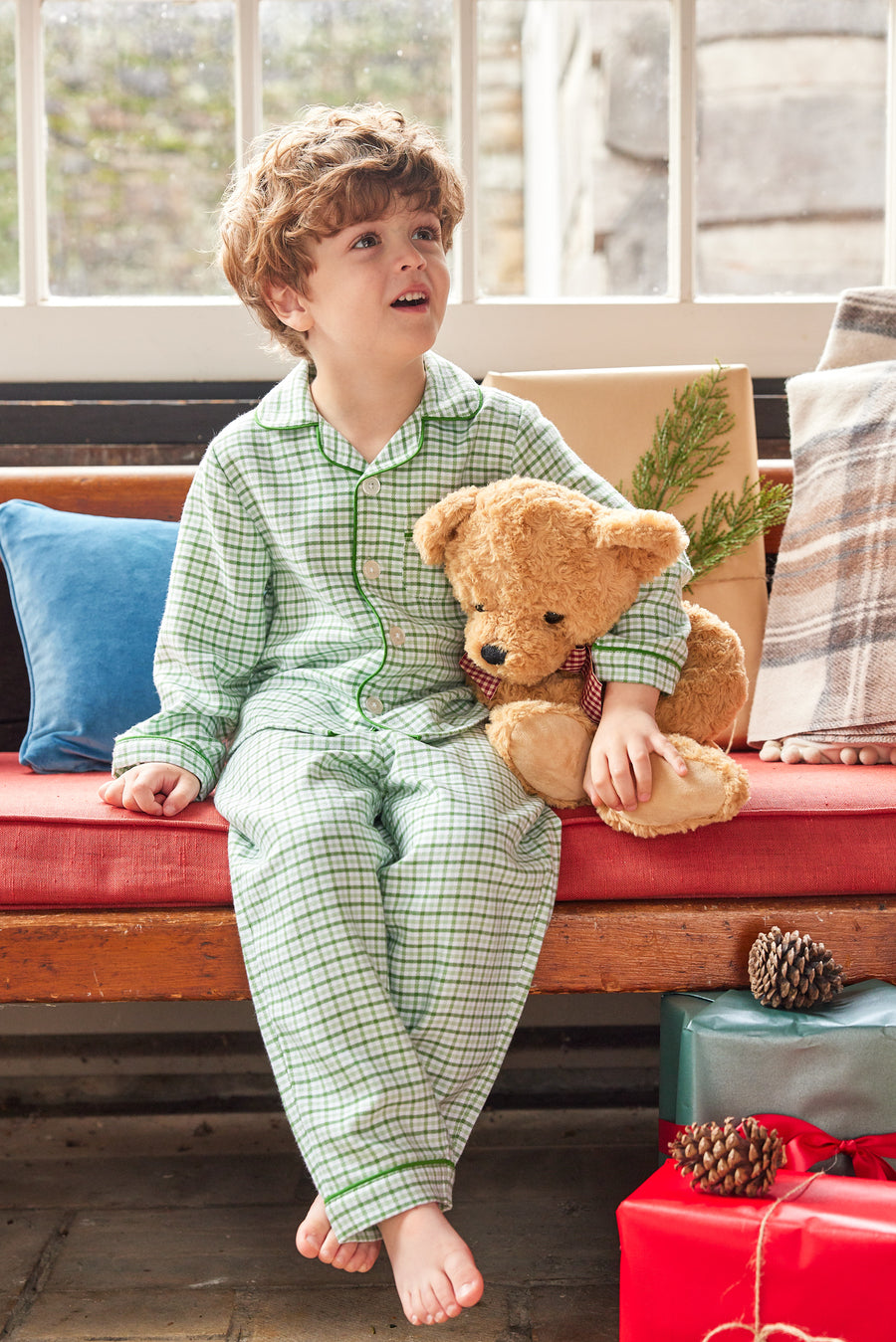 Little English traditional pajama set, boy's light green plaid flannel style jammies for fall