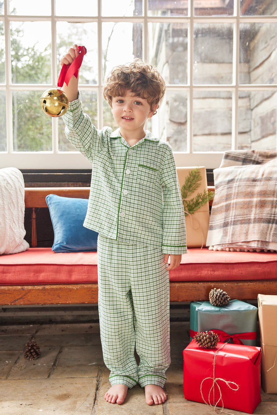 Little English traditional pajama set, boy's light green plaid flannel style jammies for fall