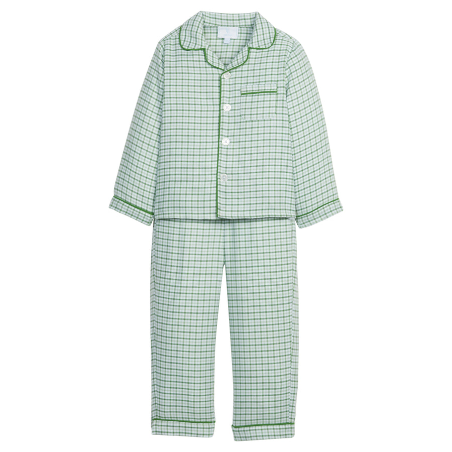 Little English traditional pajama set, boy's light green plaid flannel style jammies for fall