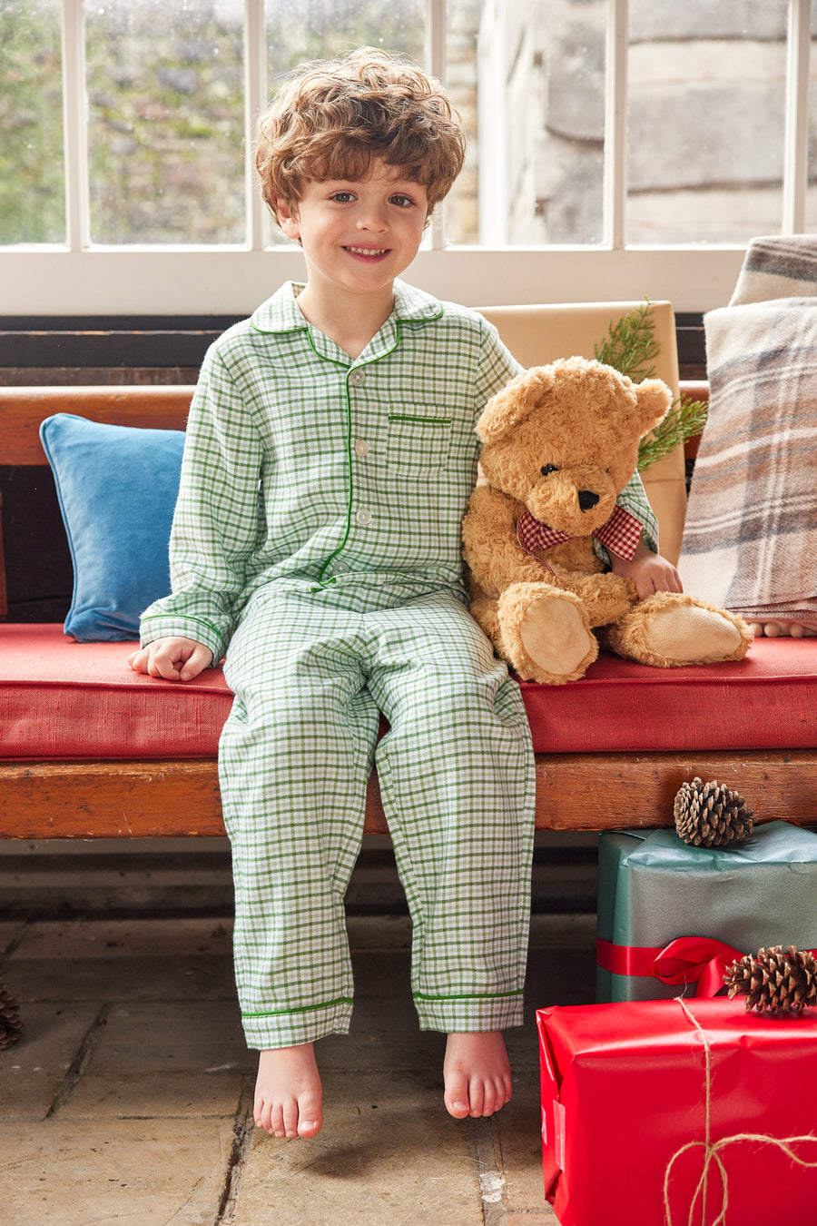 Little English traditional pajama set, boy's light green plaid flannel style jammies for fall