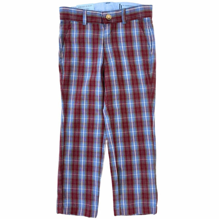 Little English traditional children's clothing.  Classic pant in red and maroon plaid for boys for Fall.