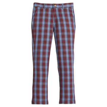 Little English traditional children's clothing, classic pant with zipper and belt loops in red and maroon plaid for boys for Fall.