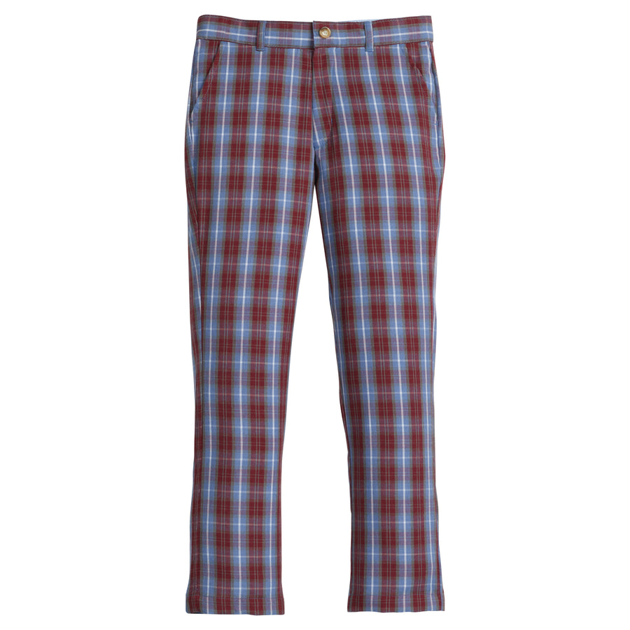 Little English traditional children's clothing, classic pant with zipper and belt loops in red and maroon plaid for boys for Fall.