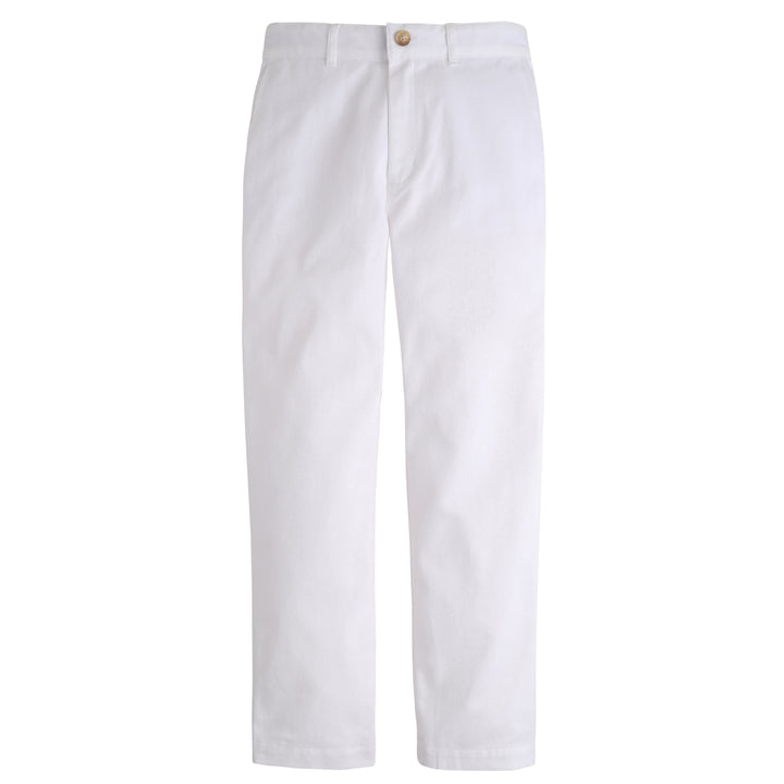 Little English classic pant for boys, faux button closure with zipper and interior elastic adjuster, white twill pant with belt loops for older boys