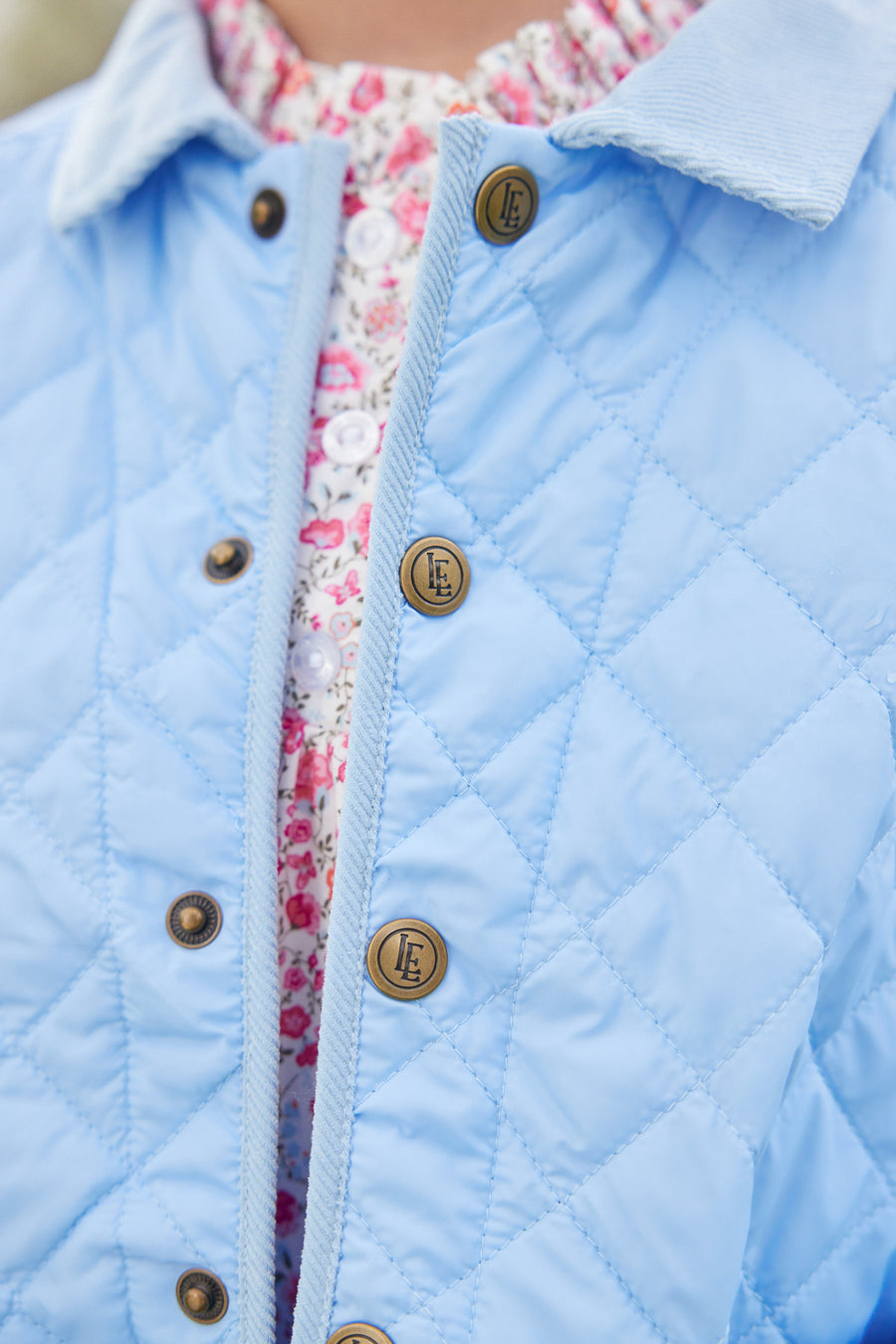 Little English children's classic quilted jacket in light blue with corduroy details