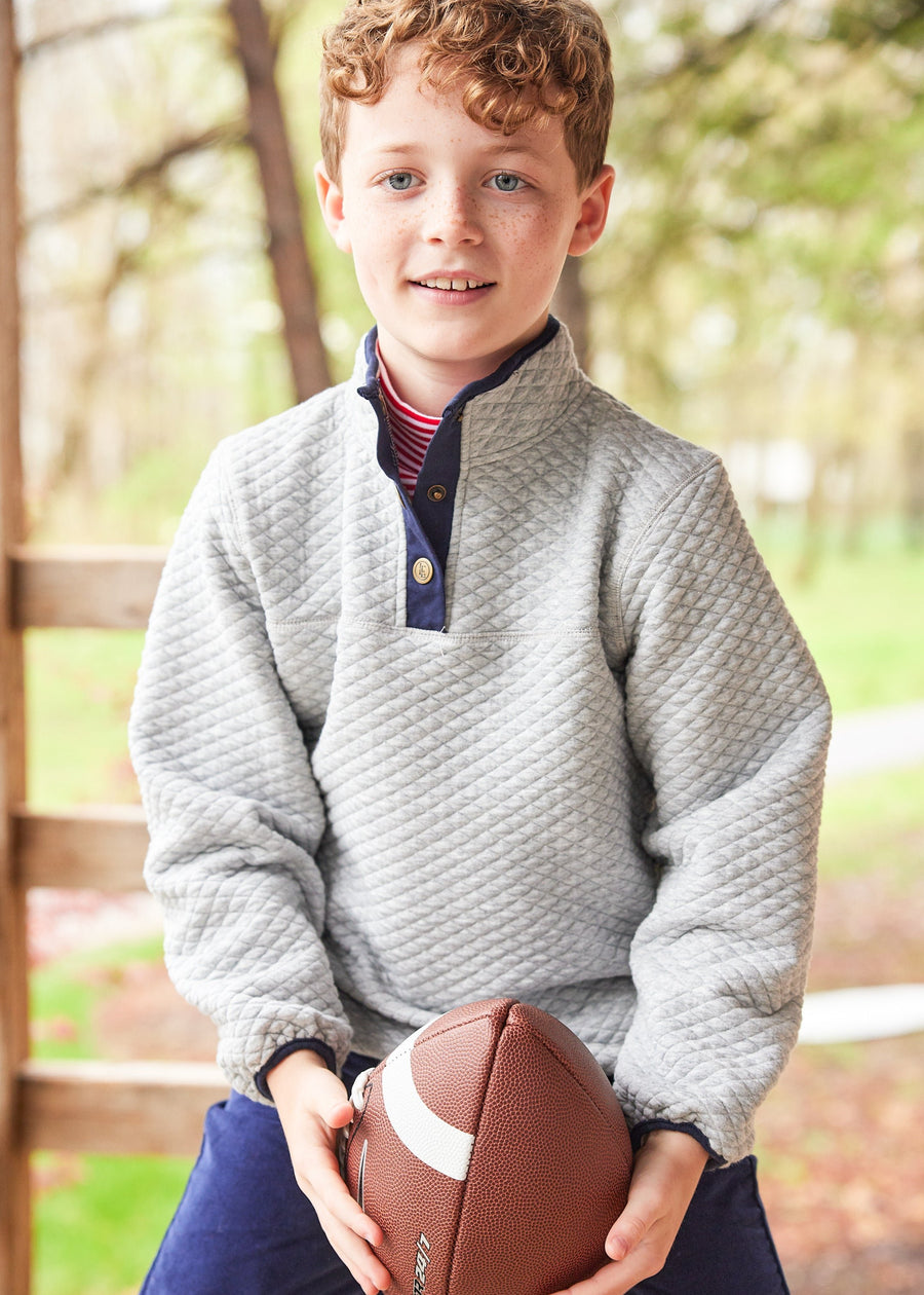 Little English traditional children's clothing. Comfy light gray quilted pullover for boys for Fall