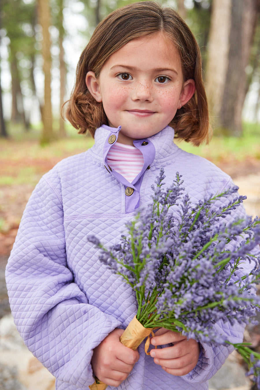 Little English traditional children's clothing.  Comfy lavender quilted pullover for girls for Fall