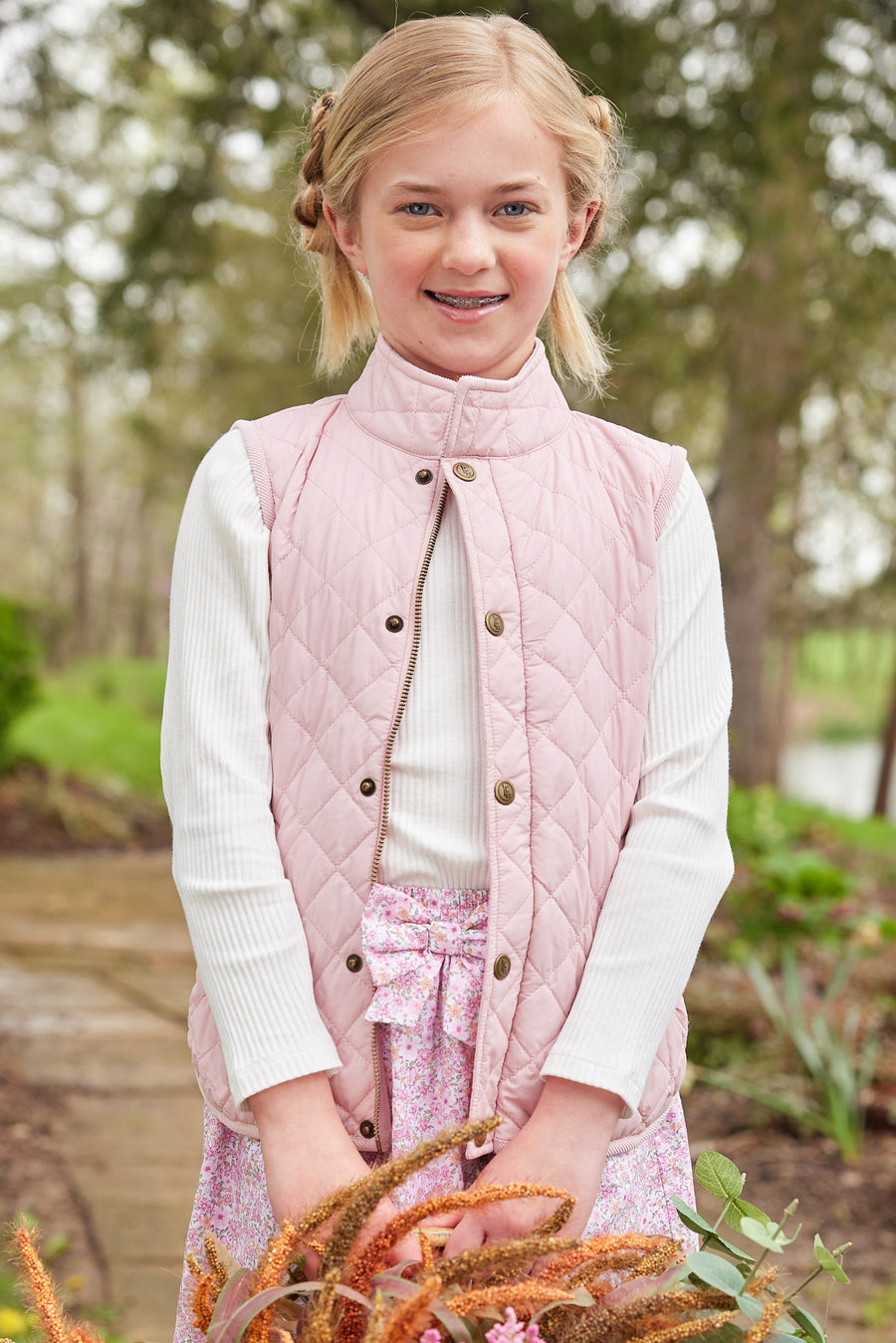 Little English traditional children's clothing. Classic light pink quilted vest for girls for fall