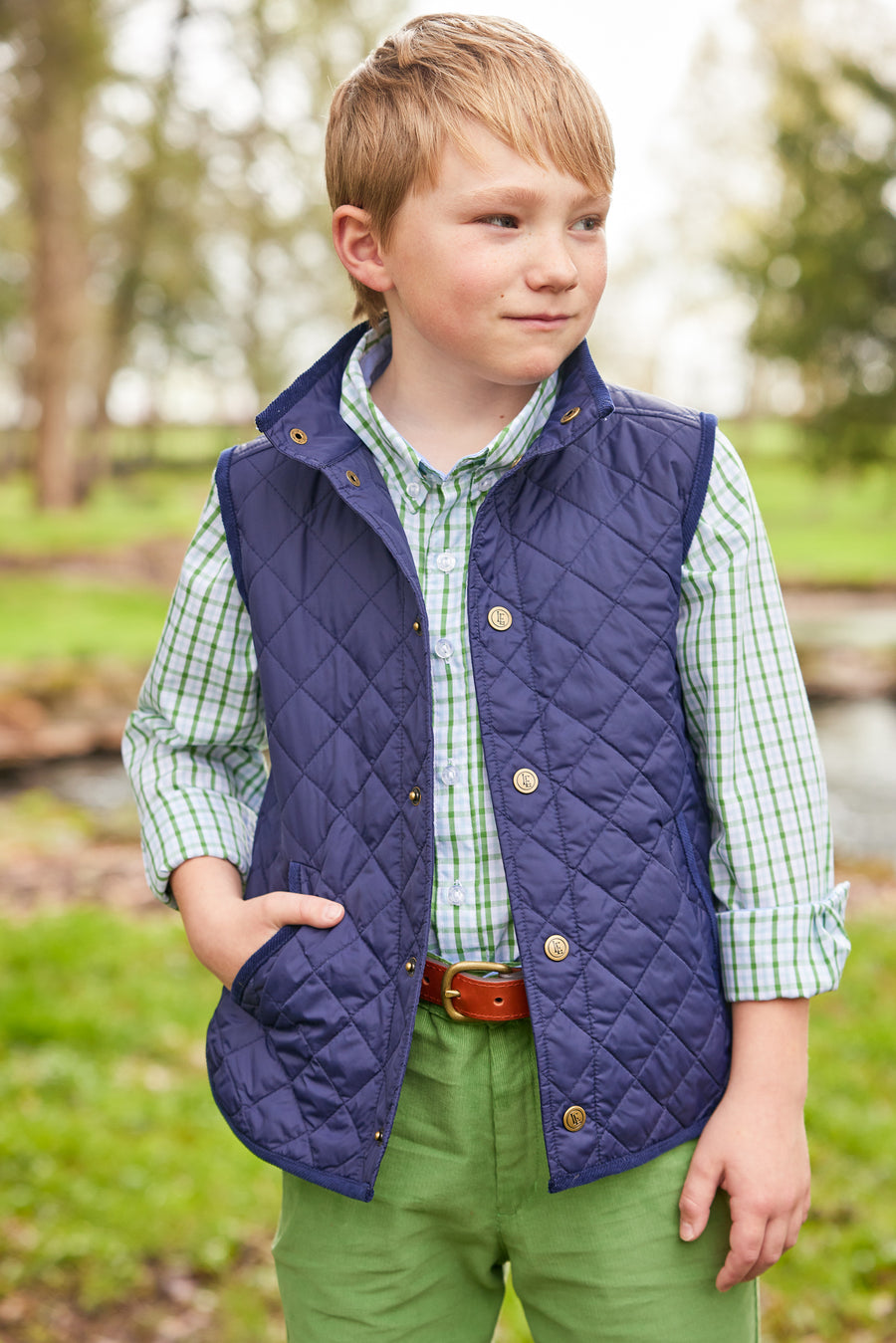 Little English traditional children's clothing.  Classic watercress green corduroy pants for boy.